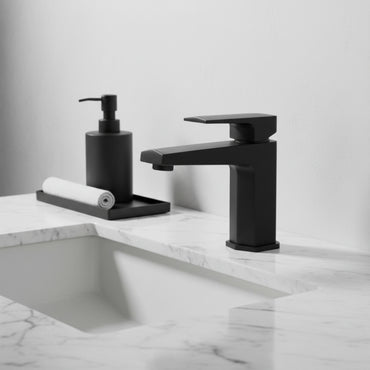 Milly geo inspired hexagonal basin + bath shower mixer tap pack with wastes - matt black