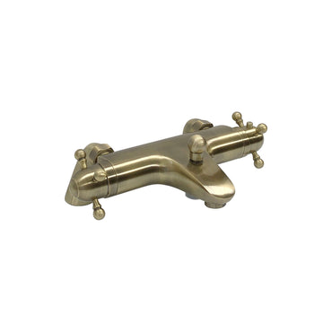 Buy Gallant thermostatic bath shower bar mixer valve deck mounted with dual rigid riser kit, overhead rain shower and handheld - antique brass Online UK | HOUSE OF ENKI