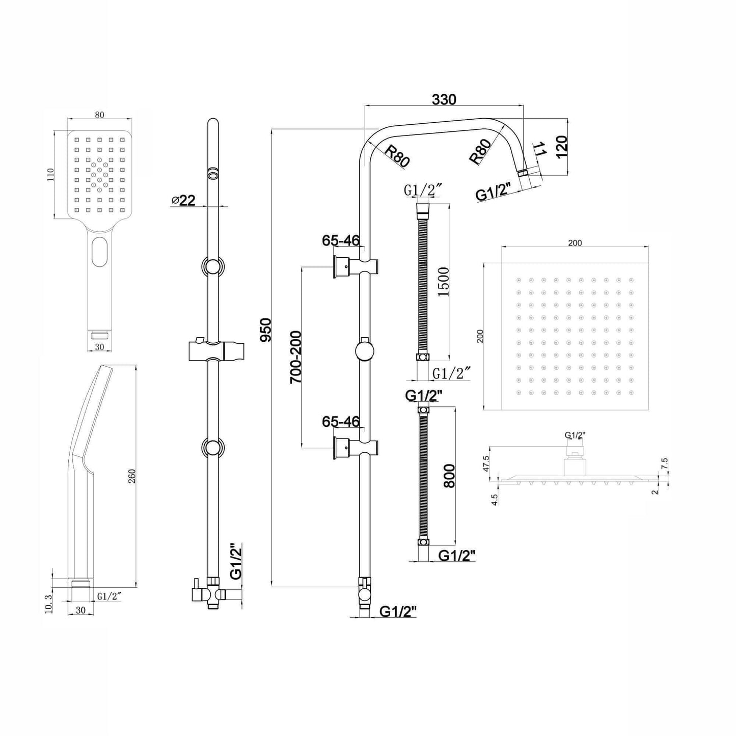 Buy Dune thermostatic bar bath shower mixer valve with dual rigid riser kit, 200mm square overhead rain shower and handheld - chrome Online UK | HOUSE OF ENKI