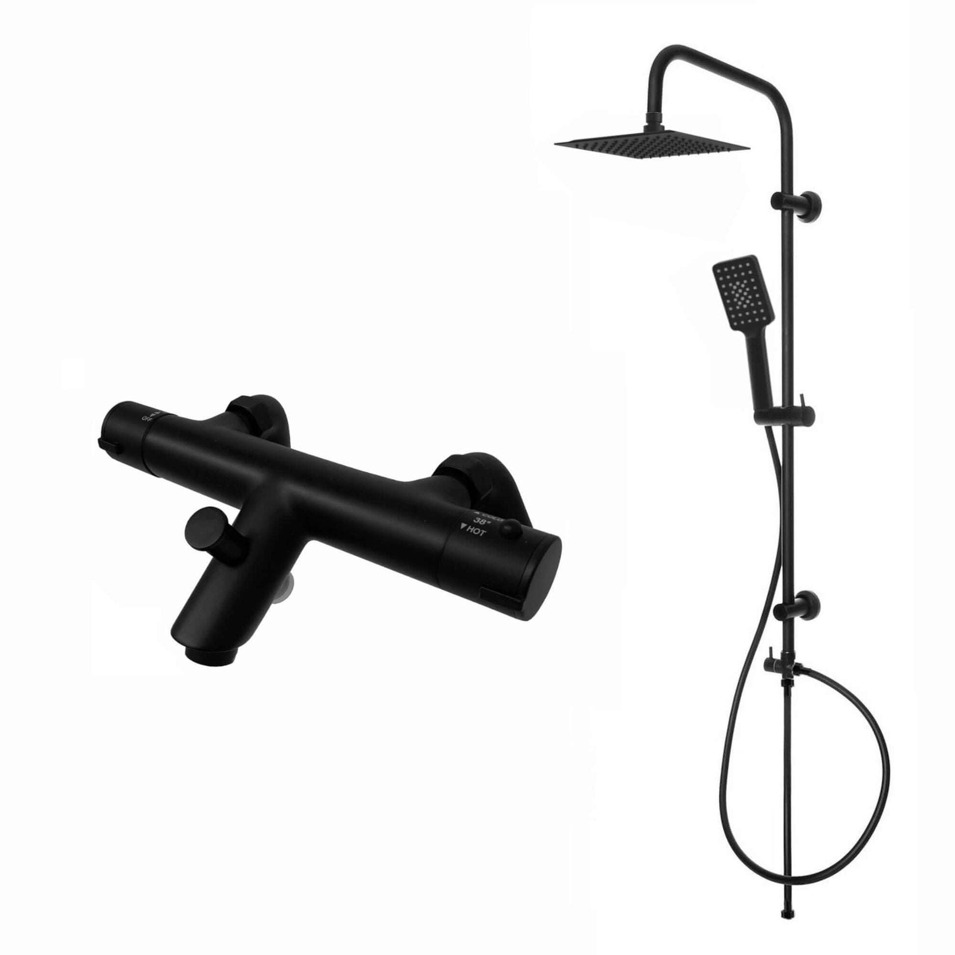 Buy Dune thermostatic bar bath shower mixer valve with dual rigid riser kit, 200mm square overhead rain shower and handheld - matt black Online UK | HOUSE OF ENKI