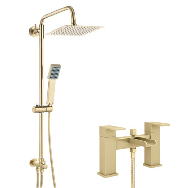 Plaza bundle incl. bath shower mixer tap with dual riser rail, basin mixer, bath and basin wastes - brushed brass