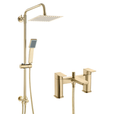 Mykonos bundle incl. bath shower mixer tap with dual riser rail, basin mixer, bath and basin wastes - brushed brass