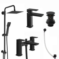 Mykonos bundle incl. bath shower mixer tap with dual riser rail, basin mixer, bath and basin wastes - matt black