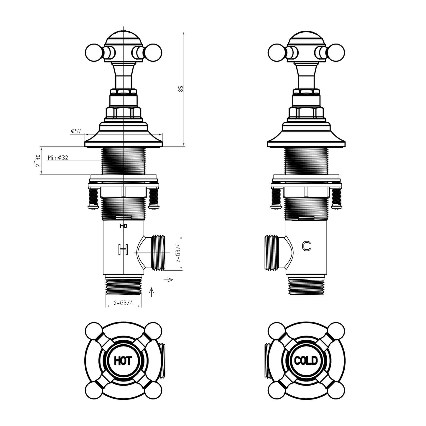 Buy Traditional overflow bath filler with 3/4" deck bath side valves (pair) - chrome online UK