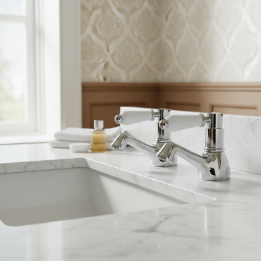 Downton hot and cold basin taps with white ceramic levers - chrome