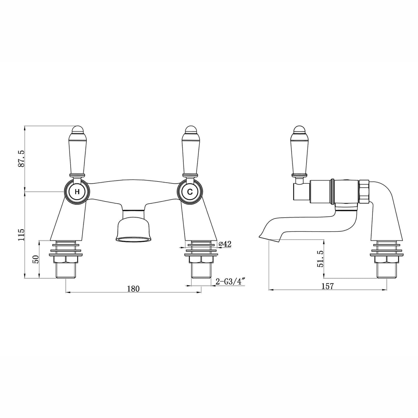 Buy Downton bath mixer tap with white ceramic levers - chrome Online UK | HOUSE OF ENKI