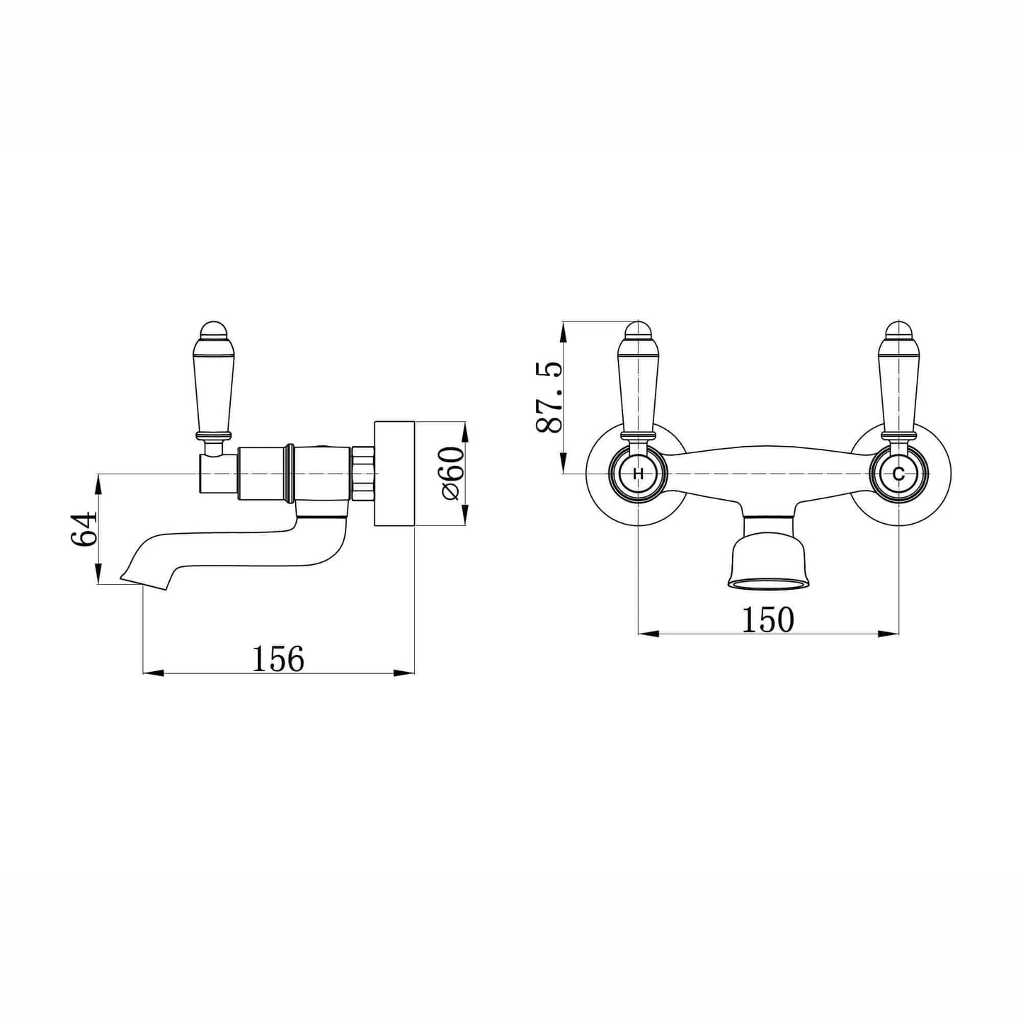Buy Downton wall mounted bath mixer tap with white ceramic levers - chrome Online UK | HOUSE OF ENKI