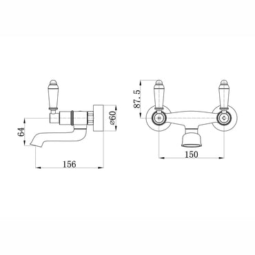 Buy Downton wall mounted bath mixer tap with white ceramic levers - chrome Online UK | HOUSE OF ENKI
