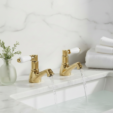 Downton hot and cold basin taps with white ceramic levers - gold