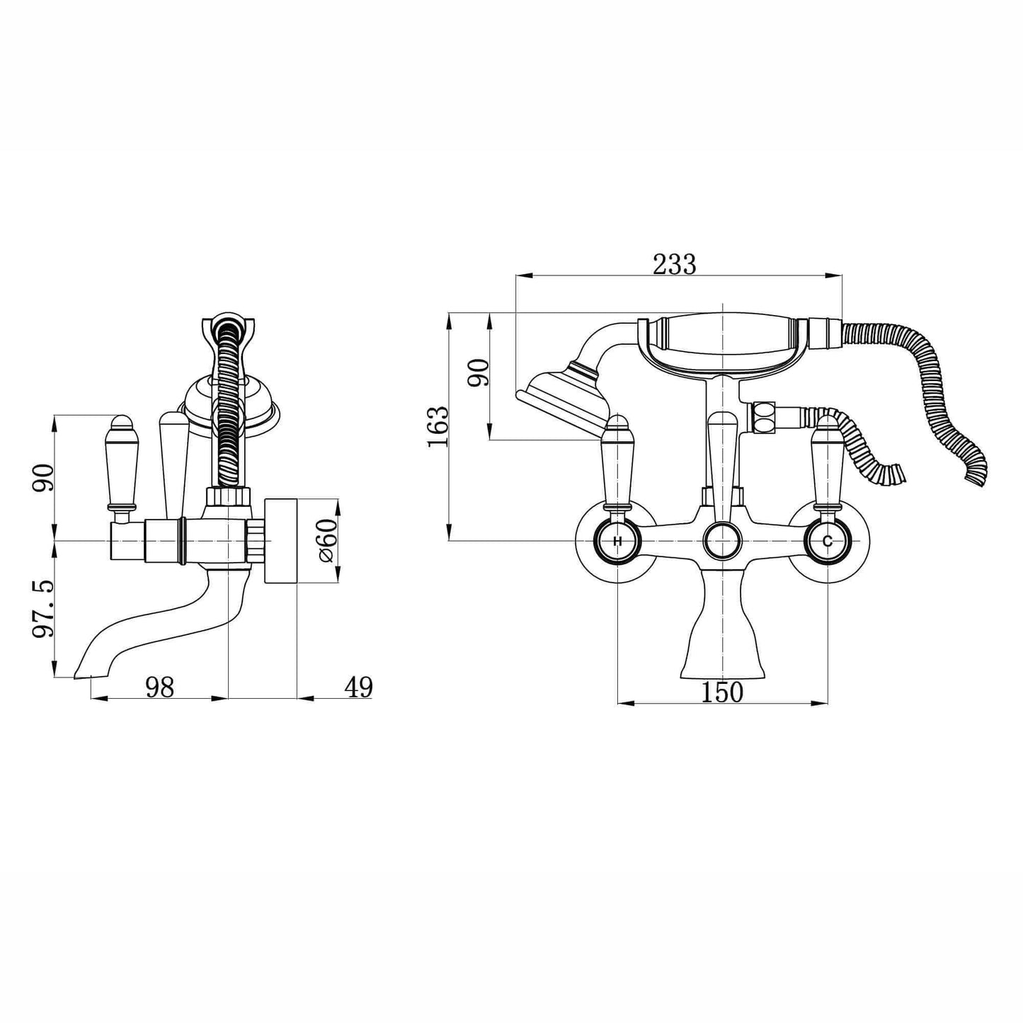 Buy Downton wall mounted bath shower mixer tap with white ceramic levers - gold Online UK | HOUSE OF ENKI