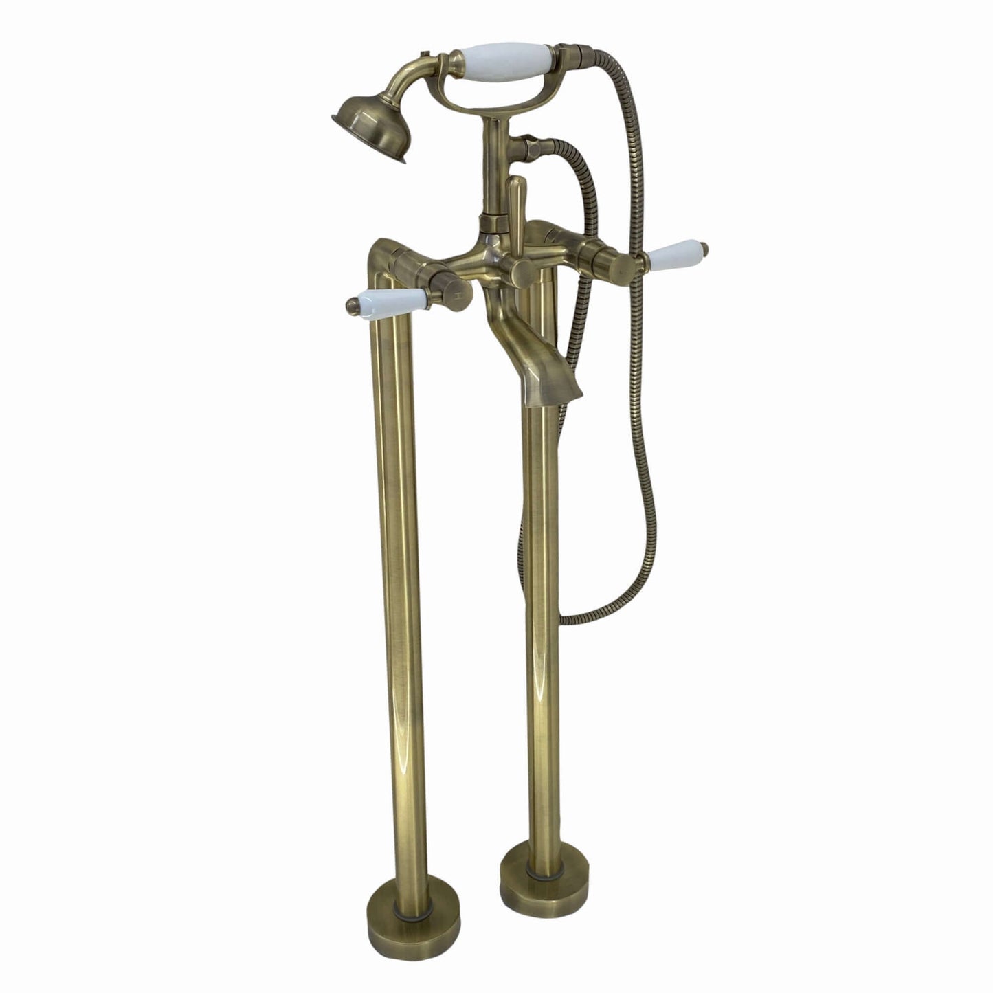 Buy Downton floorstanding bath shower mixer tap with white ceramic levers - antique brass Online UK | HOUSE OF ENKI