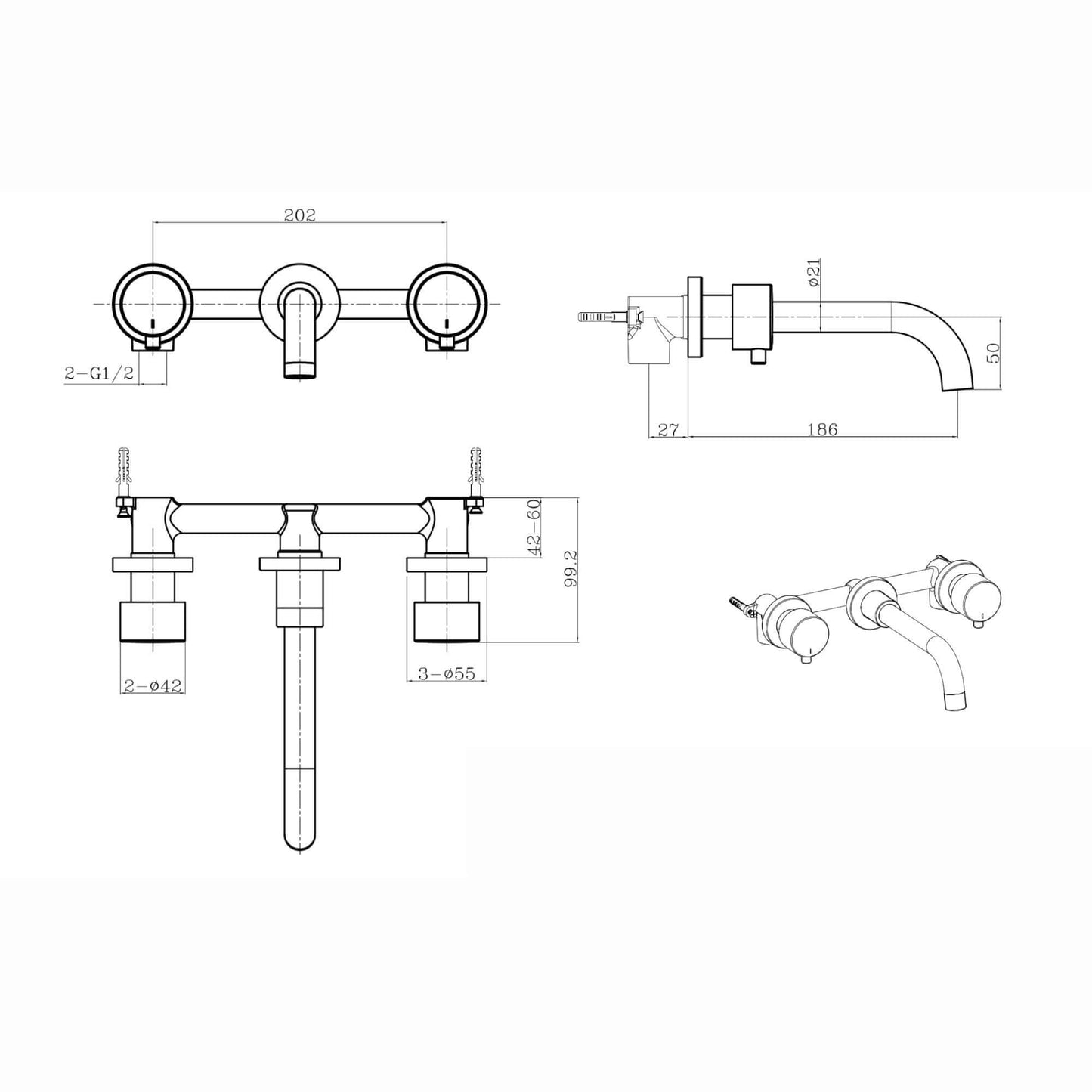 Buy Zara contemporary wall mounted basin mixer tap (3TH) - matt black Online UK | HOUSE OF ENKI