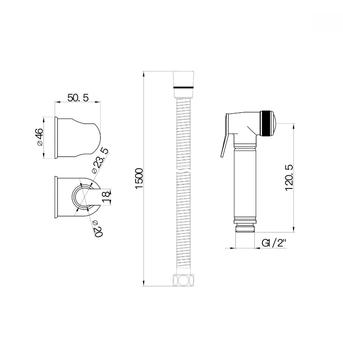 Modern douche bidet handshower solid brass with hose and bracket - chrome