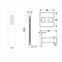 Luxury brass rectangular hand shower kit incl. hose and brass wall bracket - chrome