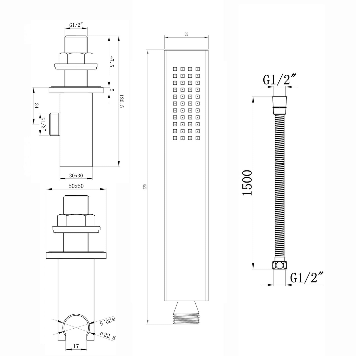 Buy Luxury brass rectangular hand shower kit incl. hose and wall bracket with outlet for concealed installation - gunmetal grey online UK