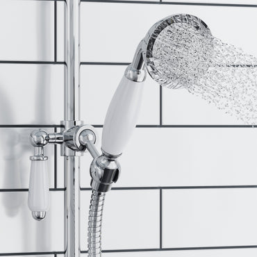 Traditional Shower Slider Rail Kit Lever Design With Brass White Ceramic Handset and Hose - Chrome