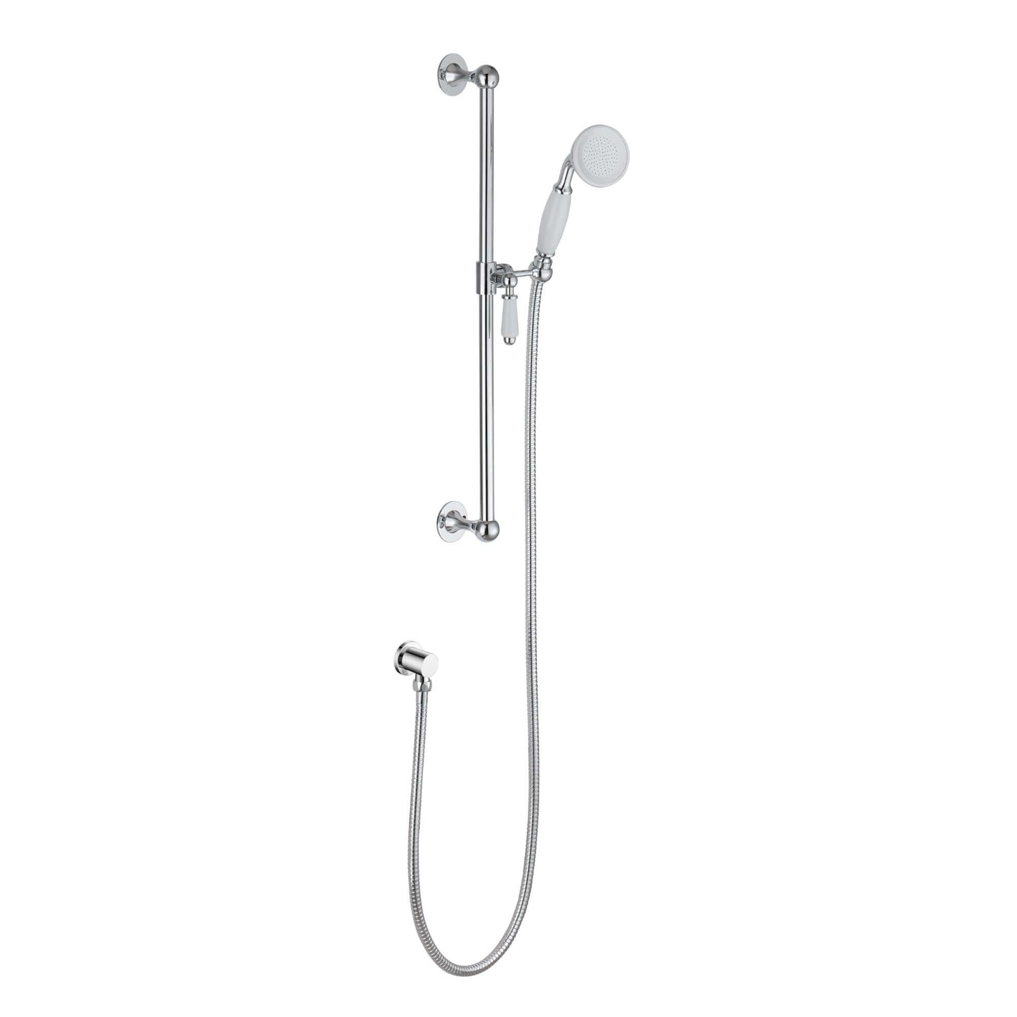 Buy Traditional Shower Slider Rail Kit Lever Design With Brass White Ceramic Handset, Hose And Wall Elbow Outlet - Chrome Online UK | HOUSE OF ENKI