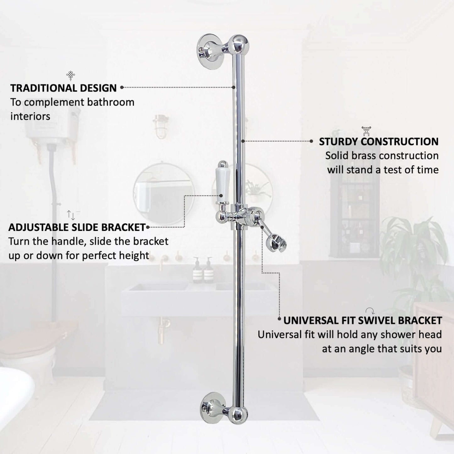 Buy Traditional Shower Slider Rail Kit Lever Design With Brass White Ceramic Handset, Hose And Wall Elbow Outlet - Chrome Online UK | HOUSE OF ENKI