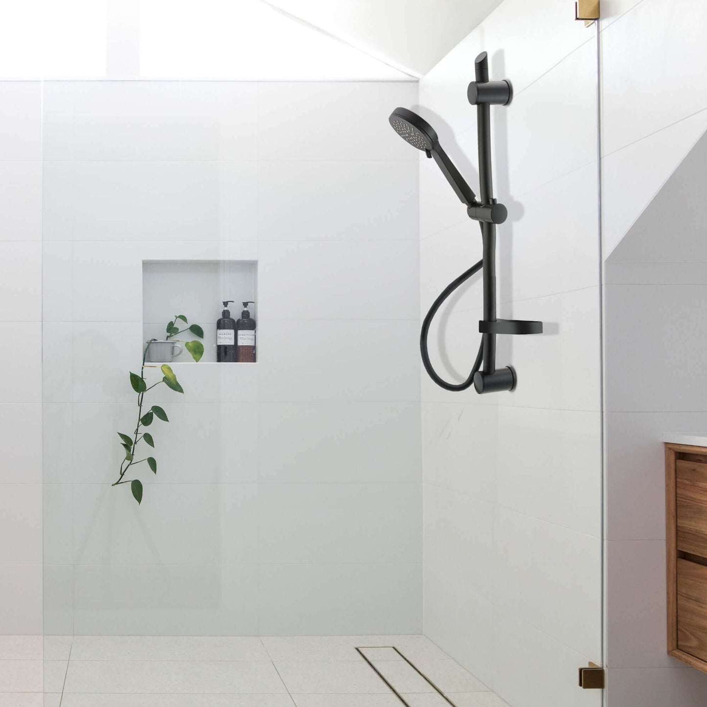 Buy Adjustable Shower Slider Riser Rail Kit With 3 Setting Shower Head, Hose and Soap Holder - Black Online UK | HOUSE OF ENKI