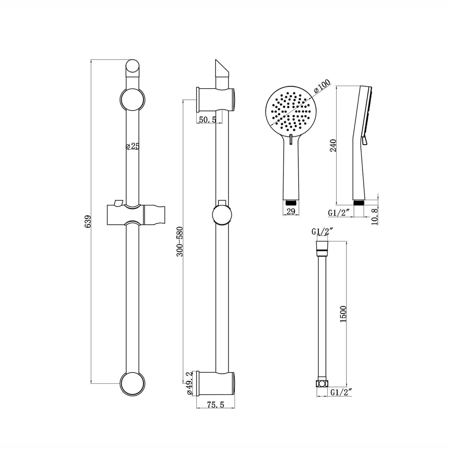 Buy Adjustable Shower Slider Riser Rail Kit With 3 Setting Shower Head, Hose and Soap Holder - Black Online UK | HOUSE OF ENKI