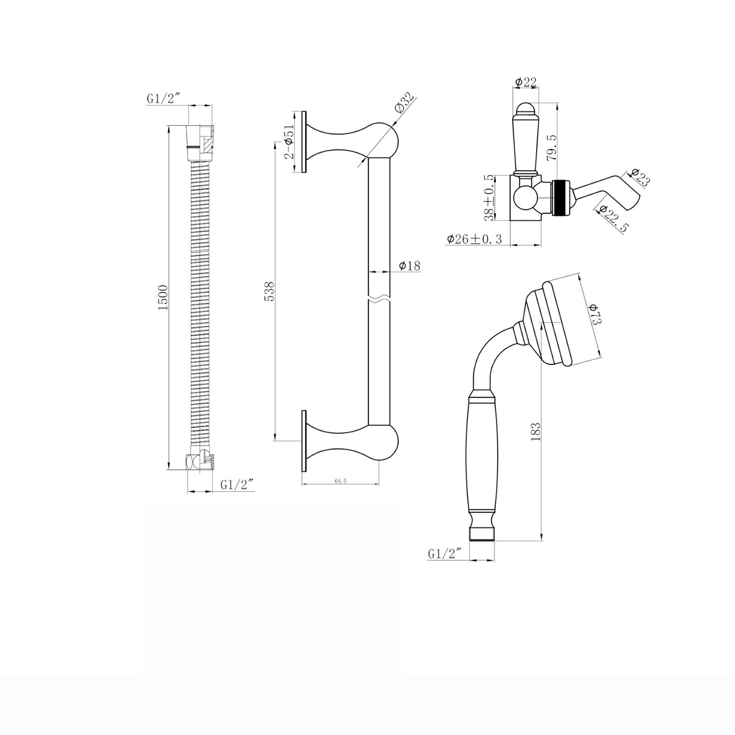 Traditional Shower Slider Rail Kit Lever Design With Brass White Ceramic Handset and Hose - Gold
