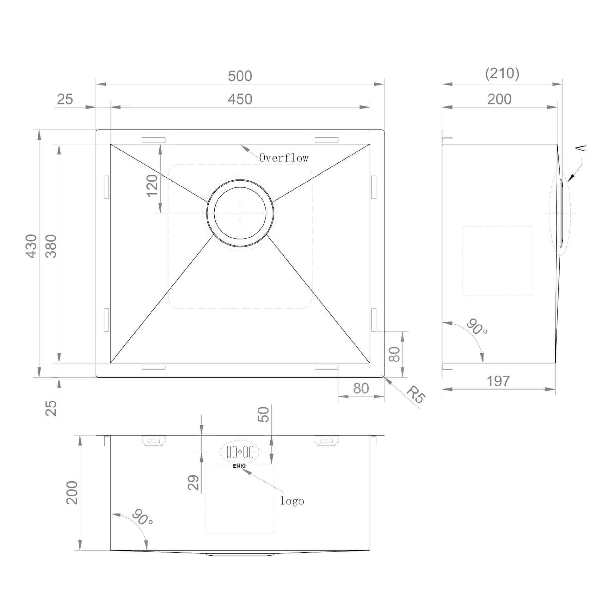 Buy Axia 500mm x 430mm 1.0 bowl undermount or topmount kitchen sink with overflow - brushed stainless steel Online UK | HOUSE OF ENKI