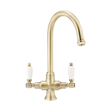 Dorchester Georgian dual flow kitchen sink tap with twin white levers - antique brass