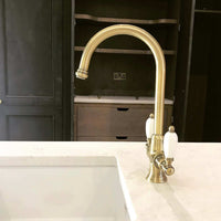Buy Dorchester Georgian dual flow kitchen sink tap with twin white levers - antique brass Online UK | HOUSE OF ENKI