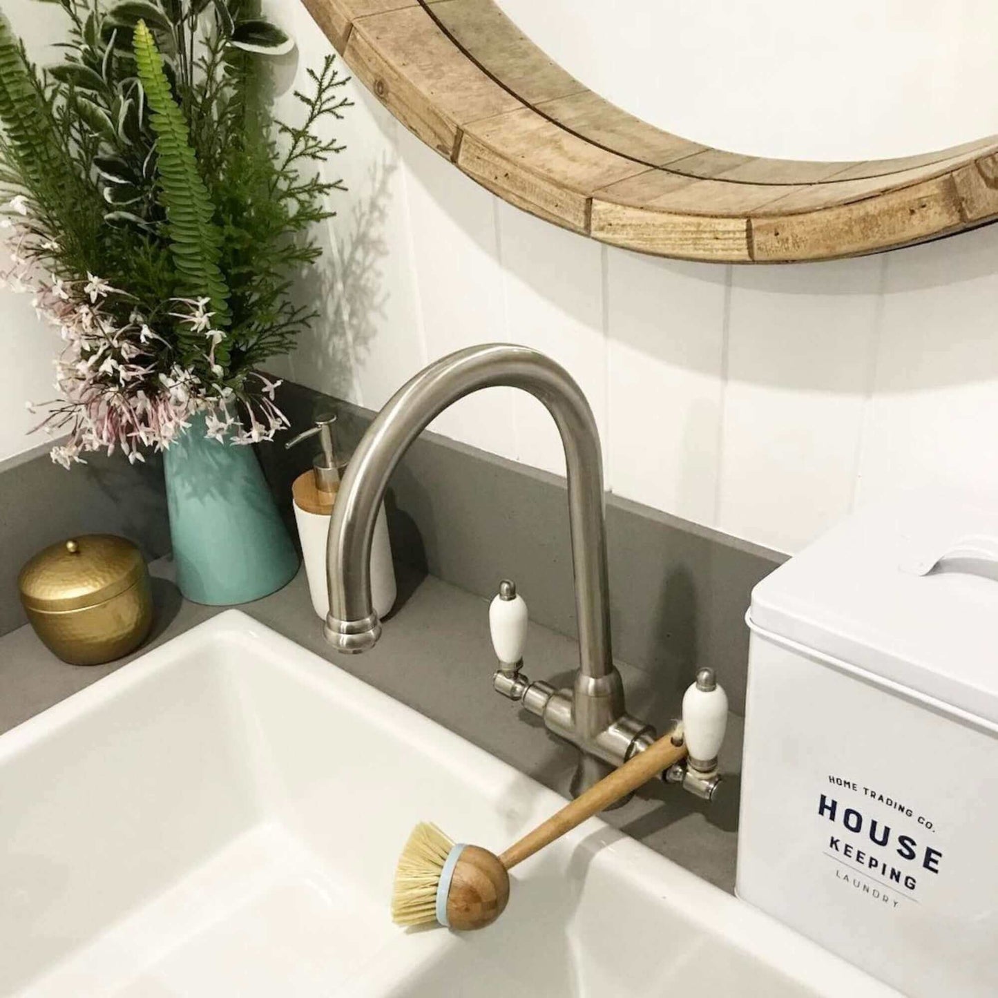 Buy Dorchester Georgian dual flow kitchen sink tap with twin white levers - brushed nickel Online UK | HOUSE OF ENKI