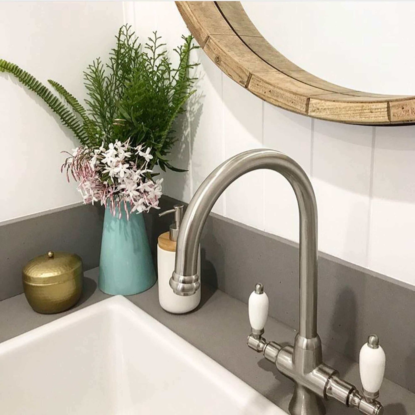 Buy Dorchester Georgian dual flow kitchen sink tap with twin white levers - brushed nickel Online UK | HOUSE OF ENKI