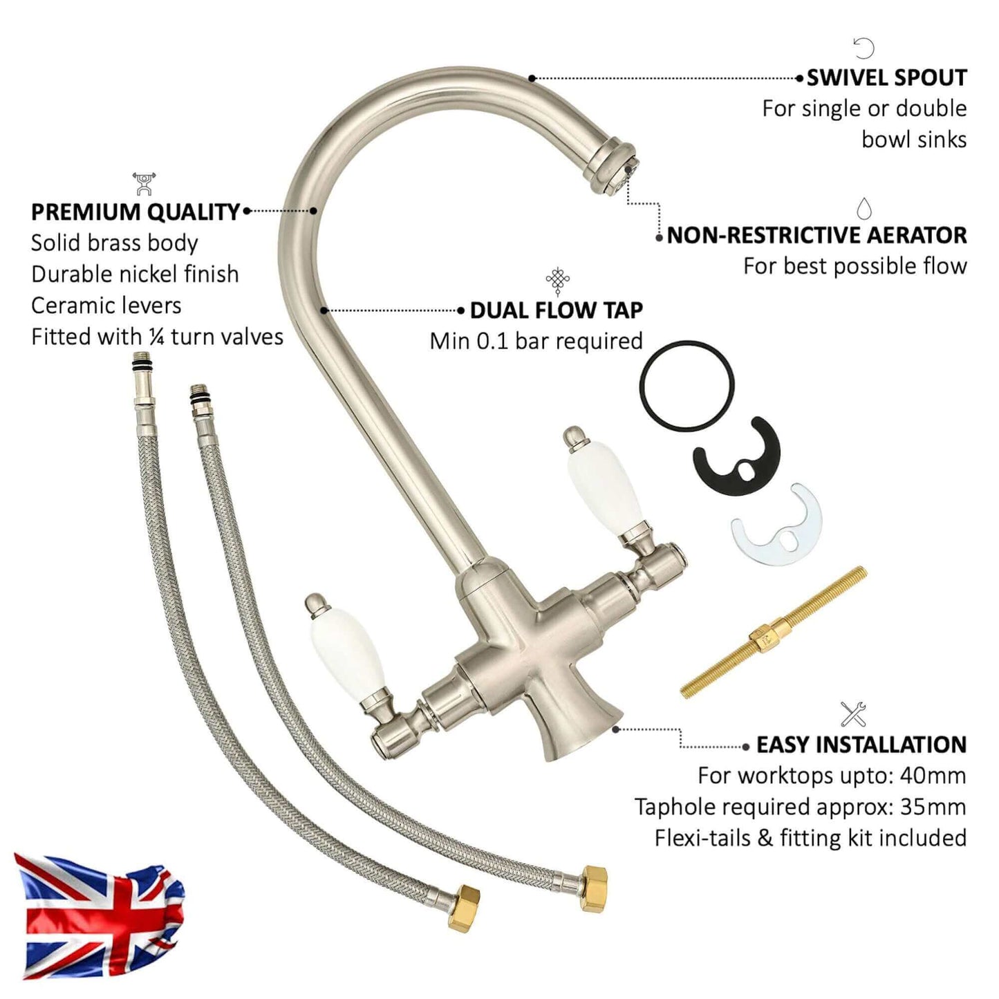 Buy Dorchester Georgian dual flow kitchen sink tap with twin white levers - brushed nickel Online UK | HOUSE OF ENKI