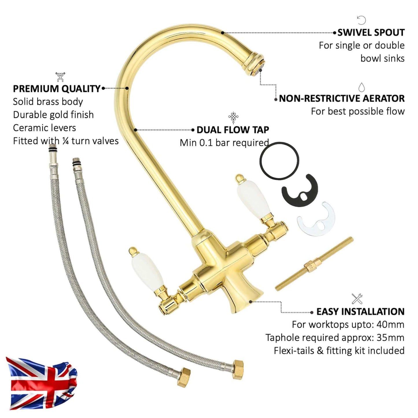 Buy Dorchester Georgian dual flow kitchen sink tap with twin white levers - gold Online UK | HOUSE OF ENKI