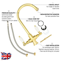 Buy Dorchester Georgian dual flow kitchen sink tap with twin white levers - gold Online UK | HOUSE OF ENKI