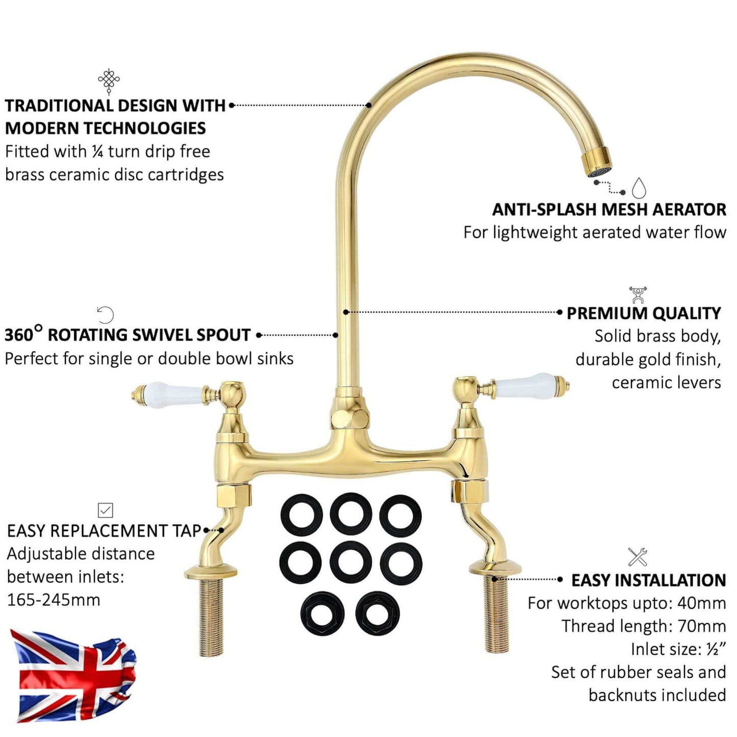 Buy Astbury traditional bridge kitchen mixer tap with white ceramic levers deck mounted - gold Online UK | HOUSE OF ENKI