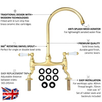 Astbury traditional bridge kitchen mixer tap with white ceramic levers deck mounted - gold