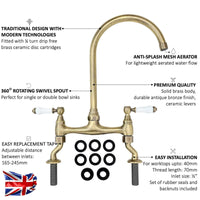 Buy Astbury traditional bridge kitchen mixer tap with white ceramic levers deck mounted - antique brass Online UK | HOUSE OF ENKI