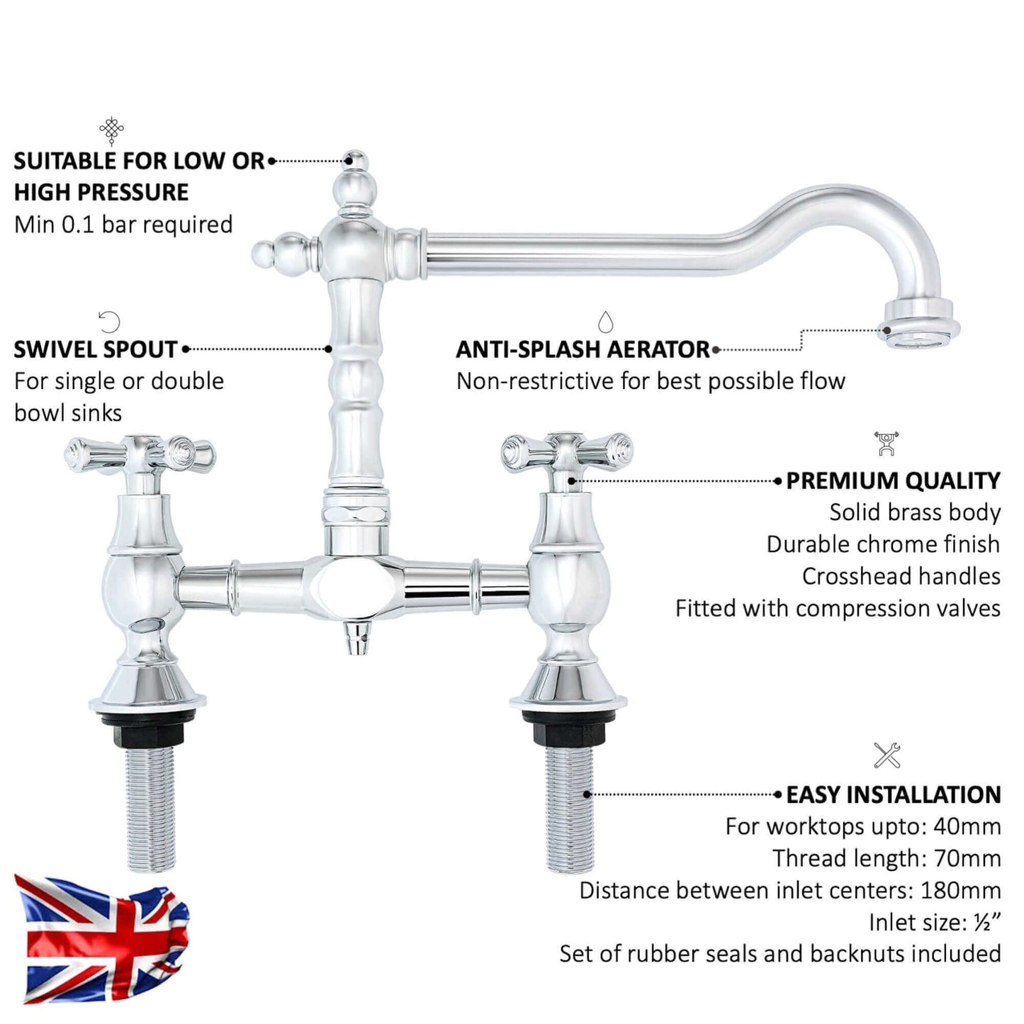 Buy Langley traditional bridge kitchen sink mixer tap colonial crosshead - chrome Online UK | HOUSE OF ENKI