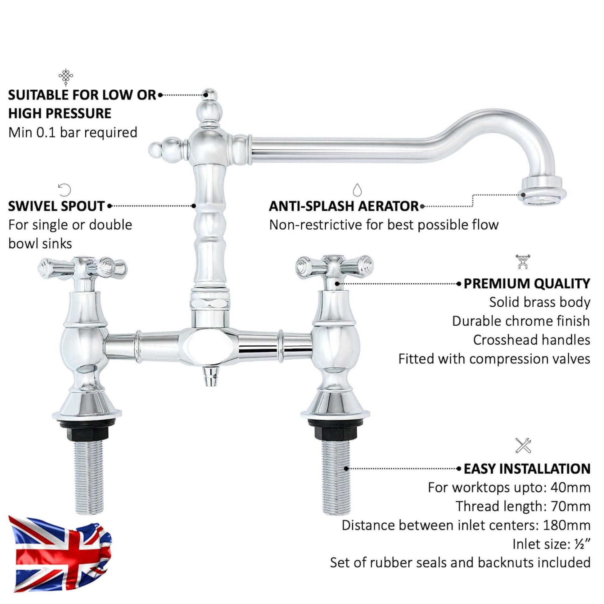 Buy Langley traditional bridge kitchen sink mixer tap colonial crosshead - chrome Online UK | HOUSE OF ENKI