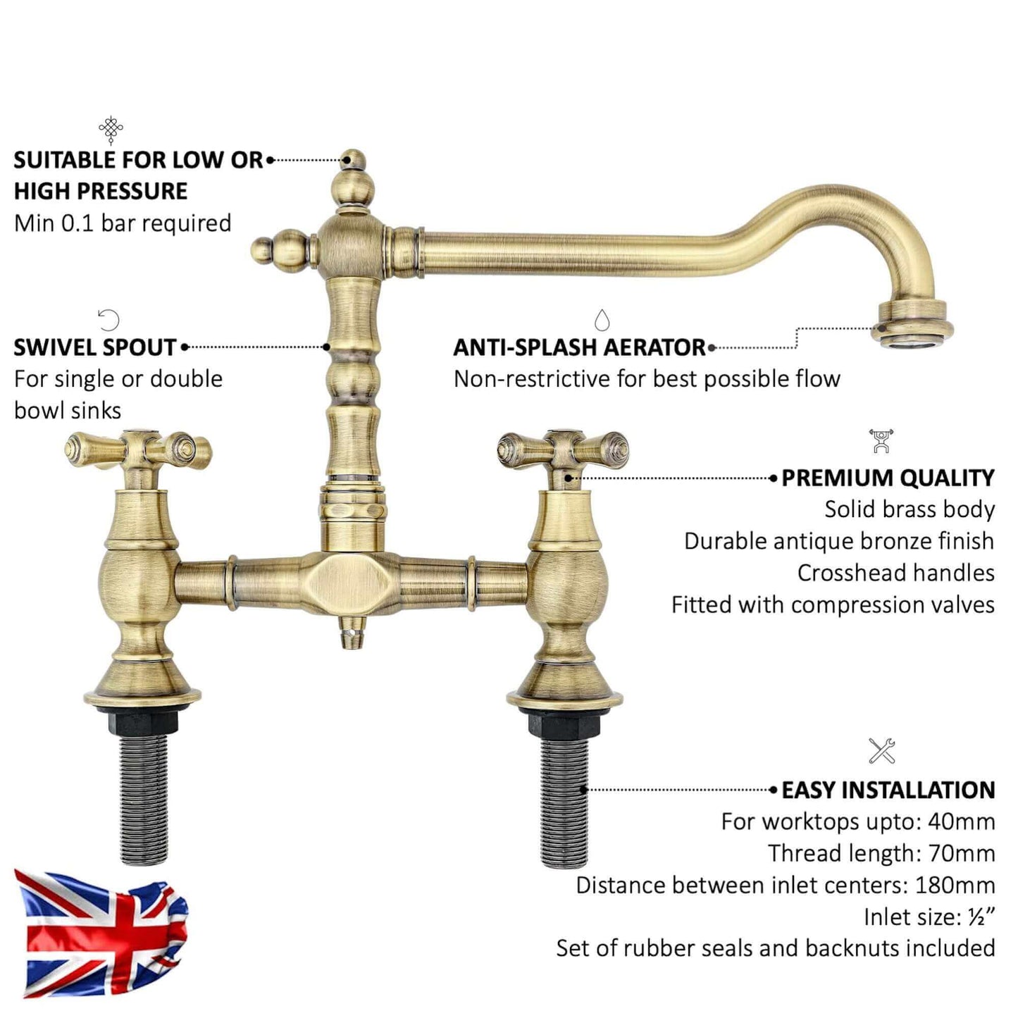 Buy Langley traditional bridge kitchen sink mixer tap colonial crosshead - antique brass Online UK | HOUSE OF ENKI