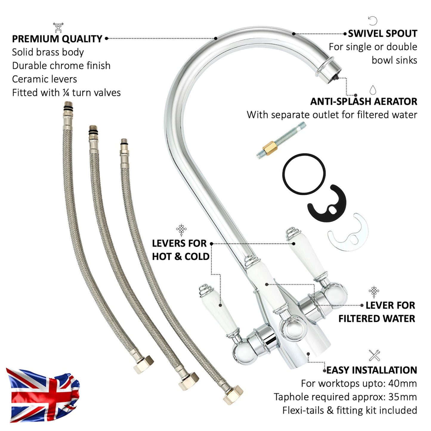 Cotswold traditional filter tap with ceramic levers - chrome