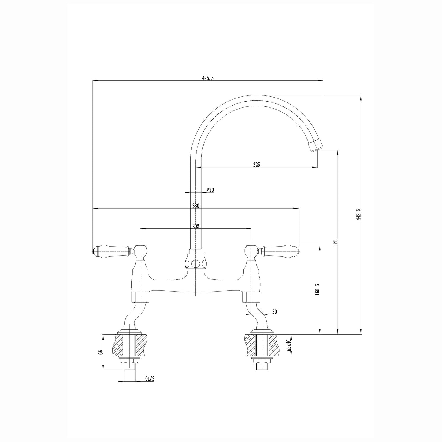 Astbury traditional bridge kitchen mixer tap with white ceramic levers deck mounted - brushed brass
