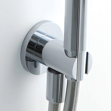 Round shower outlet elbow with holder for handheld shower head - chrome