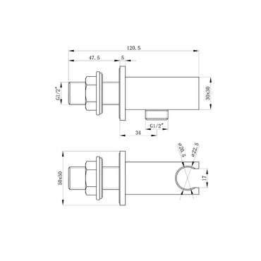Square shower outlet elbow with holder for handheld shower head - gunmetal grey
