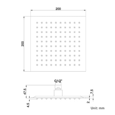 Buy Square ultra slim shower head stainless steel 200mm - brushed brass online UK