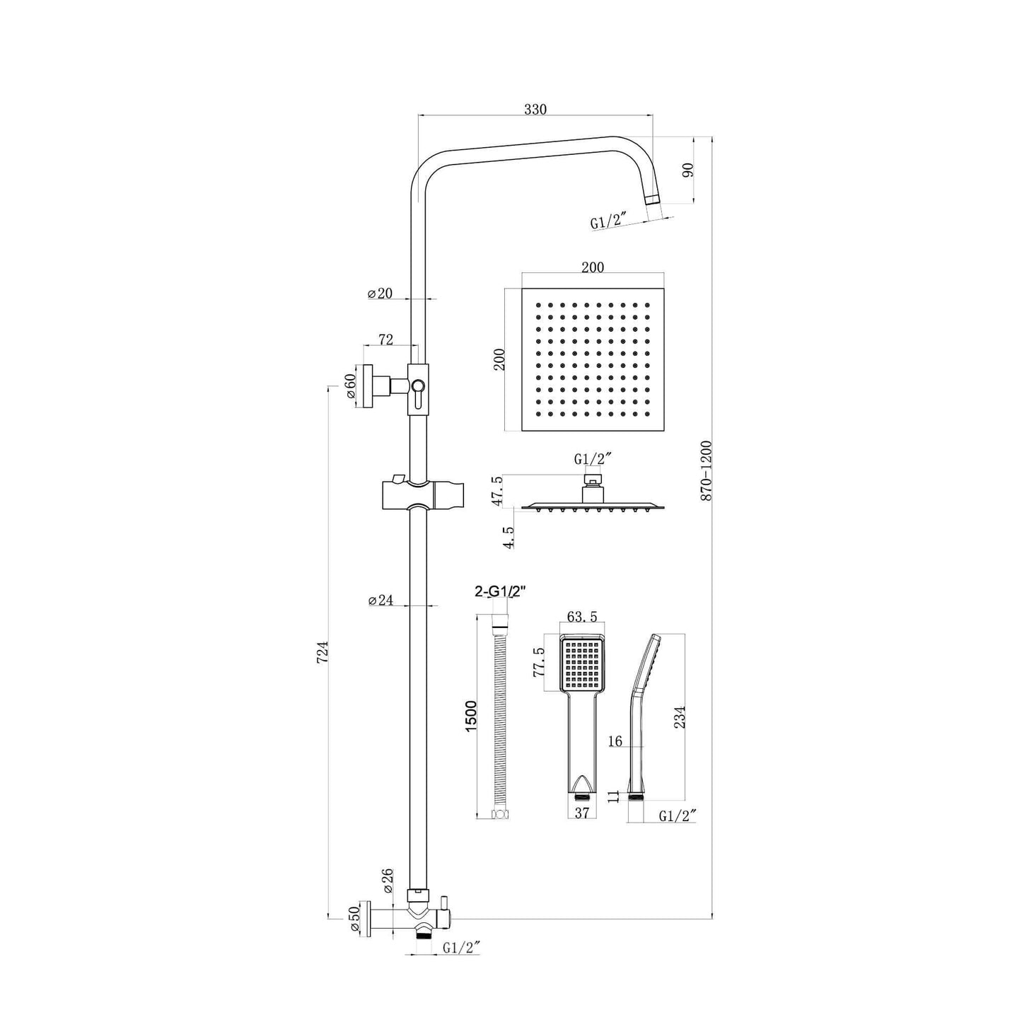 Buy Square dual shower riser rail kit for concealed installation - chrome online UK