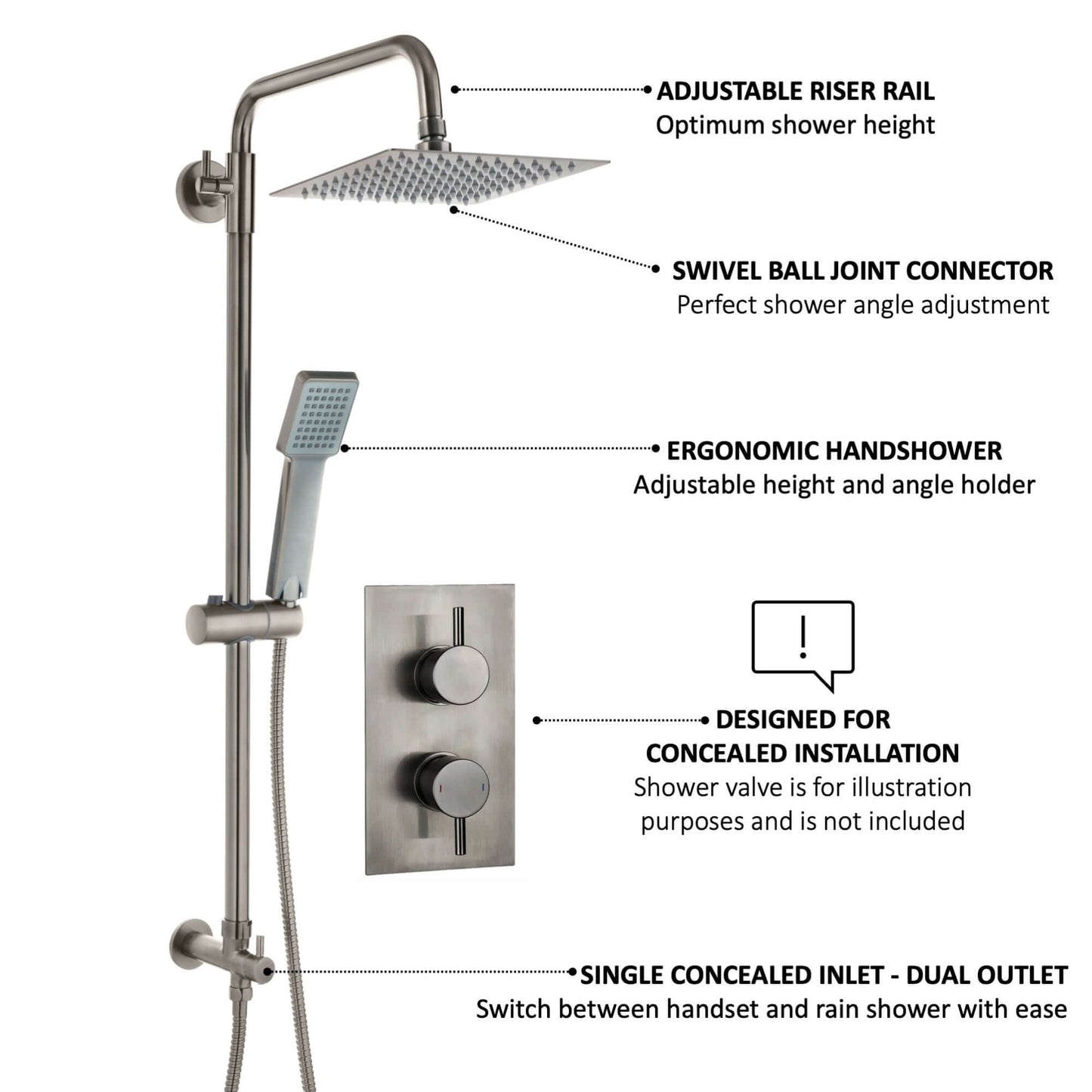 Buy Square dual shower riser rail kit for concealed installation - gunmetal grey Online UK | HOUSE OF ENKI