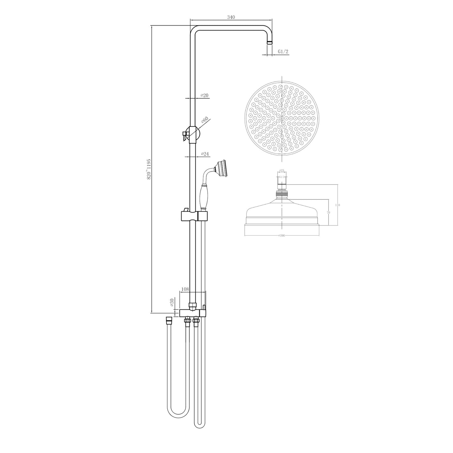 Dune traditional dual shower riser rail kit for exposed installation - antique brass
