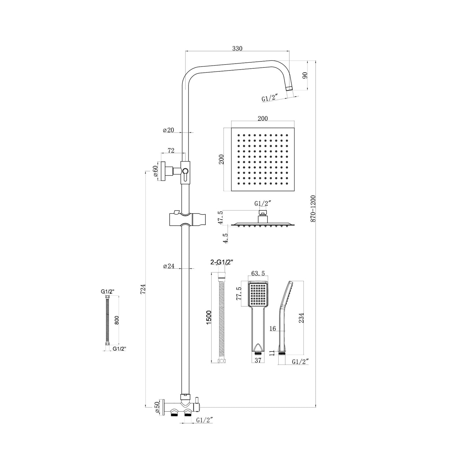 Dune square dual shower riser rail kit for exposed installation - brushed brass