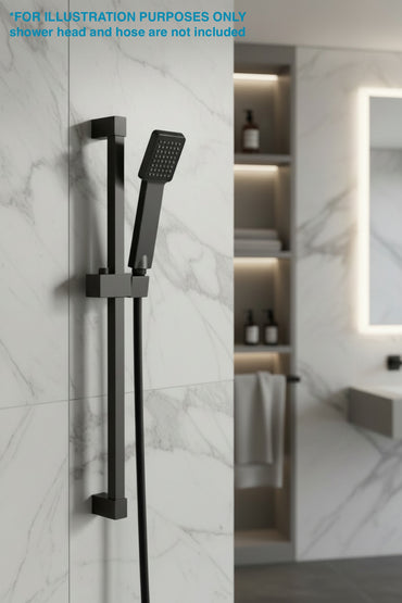 Square shower slider rail bar with hand shower holder - black