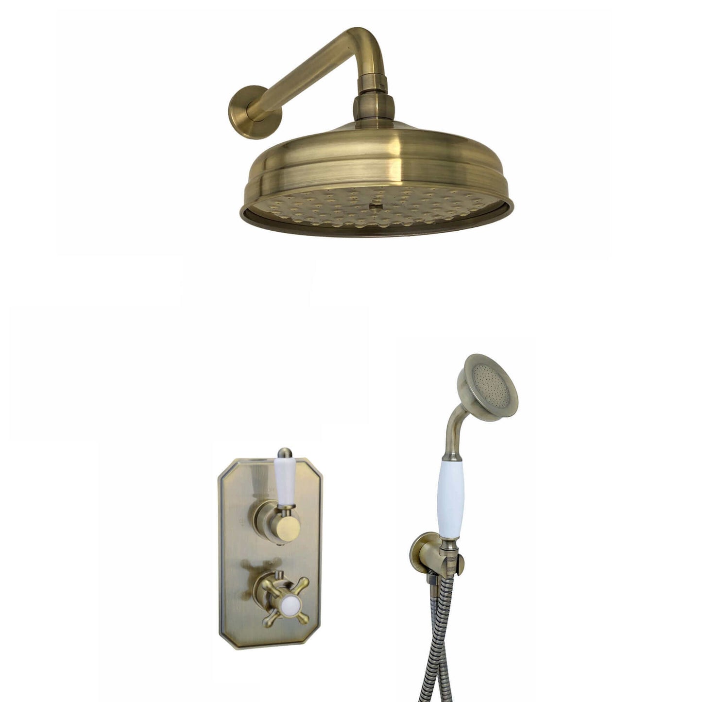 Buy Regent Traditional Crosshead And White Lever Concealed Thermostatic Shower Set Incl. Twin Valve, Wall Fixed 8" Shower Head, Handshower Kit - Antique Brass (2 Outlet) Online UK | HOUSE OF ENKI